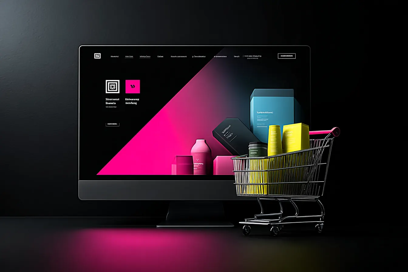 Onlineshop mit Einkaufswagen vor einem Bildschirm